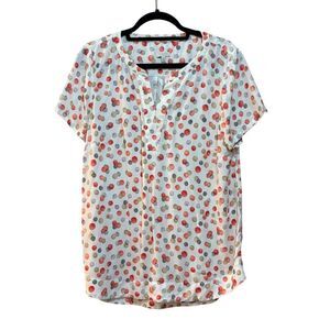 2/$30 Talbots Shirt Womens Medium White Multicolor Polka Dot Blouse Short Sleeve